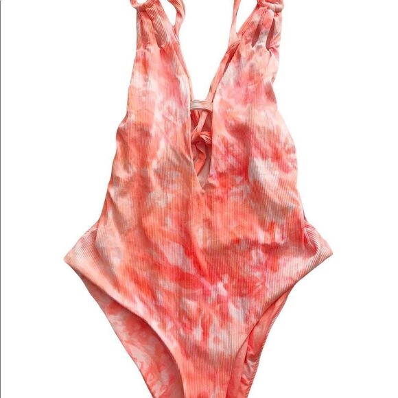 BECCA Crystal Skylar plunge one piece swimsuit Orange pink white tie dye - Picture 4 of 6